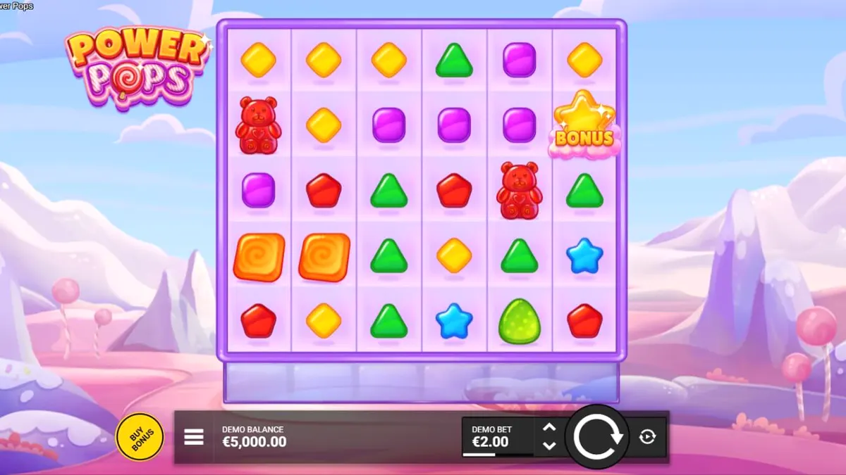 Interface colorida e doce do slot Power Pops com pirulitos e símbolos brilhantes